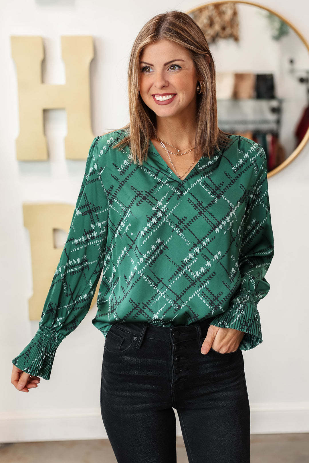 Smocked Detail Printed Top - Green