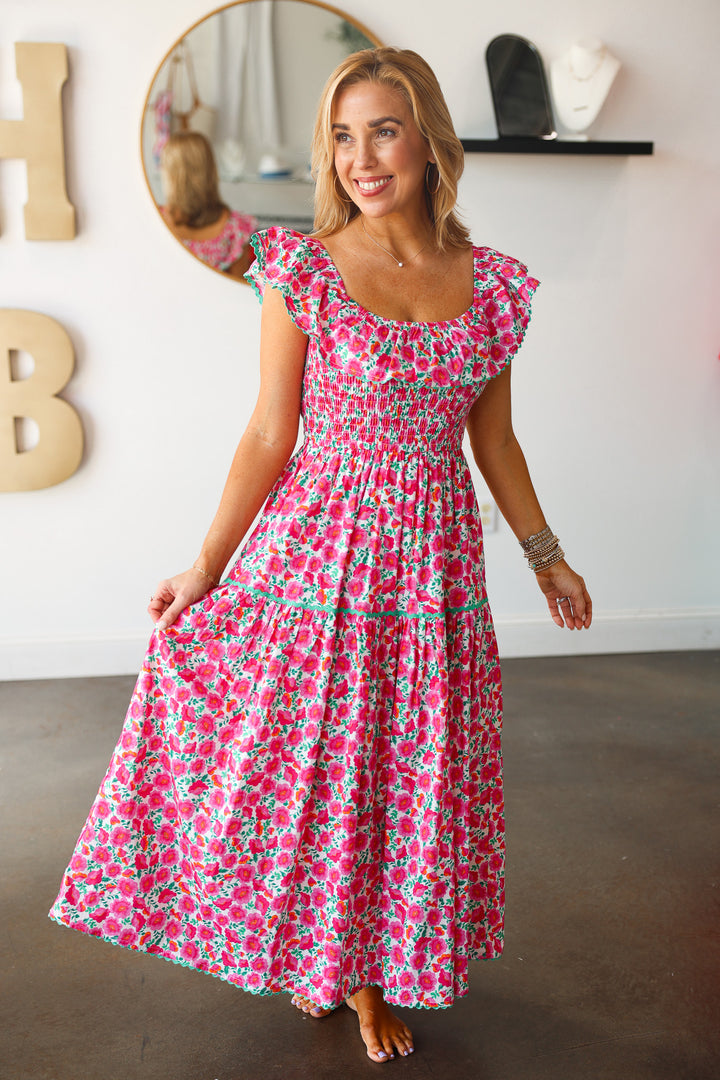 Ruffle Shoulder Floral Dress - Pink