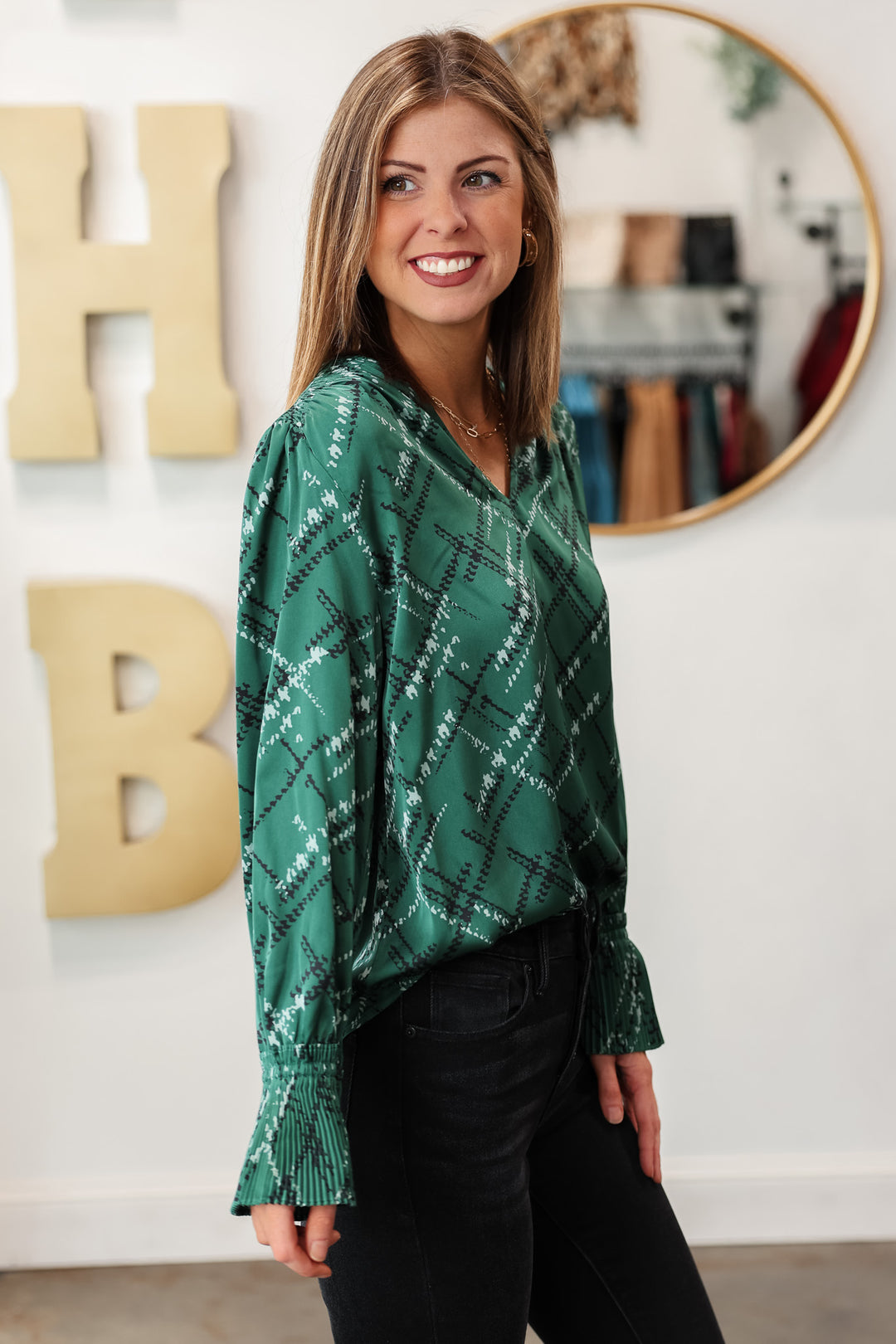 Smocked Detail Printed Top - Green