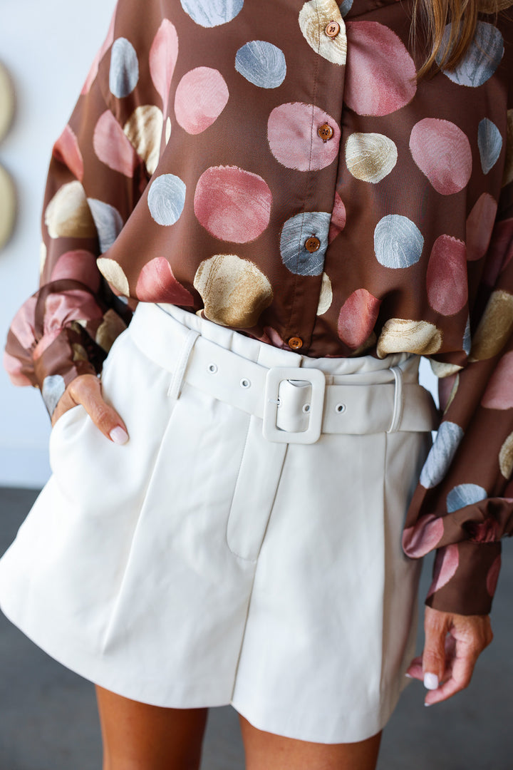 Faux Leather Belted Shorts - Ivory