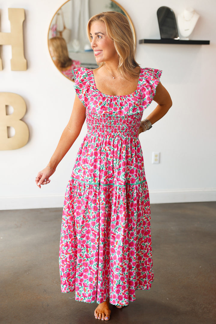 Ruffle Shoulder Floral Dress - Pink