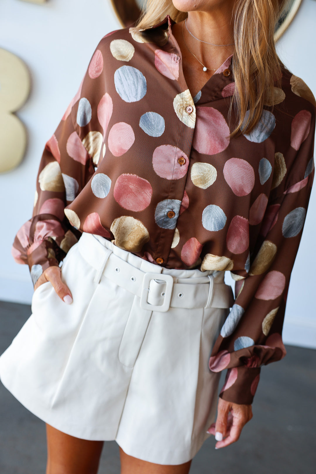 Polka Dot Print Satin Button Down - Brown