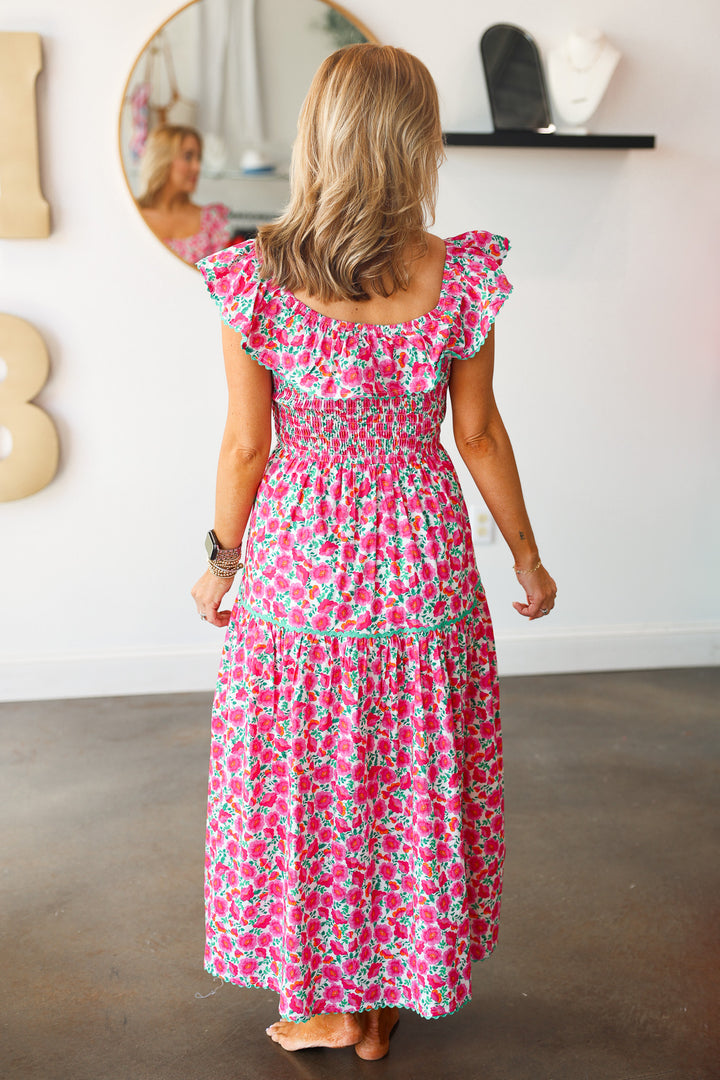 Ruffle Shoulder Floral Dress - Pink