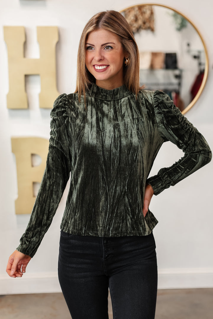 Velvet Ruched Sleeve Top - Olive