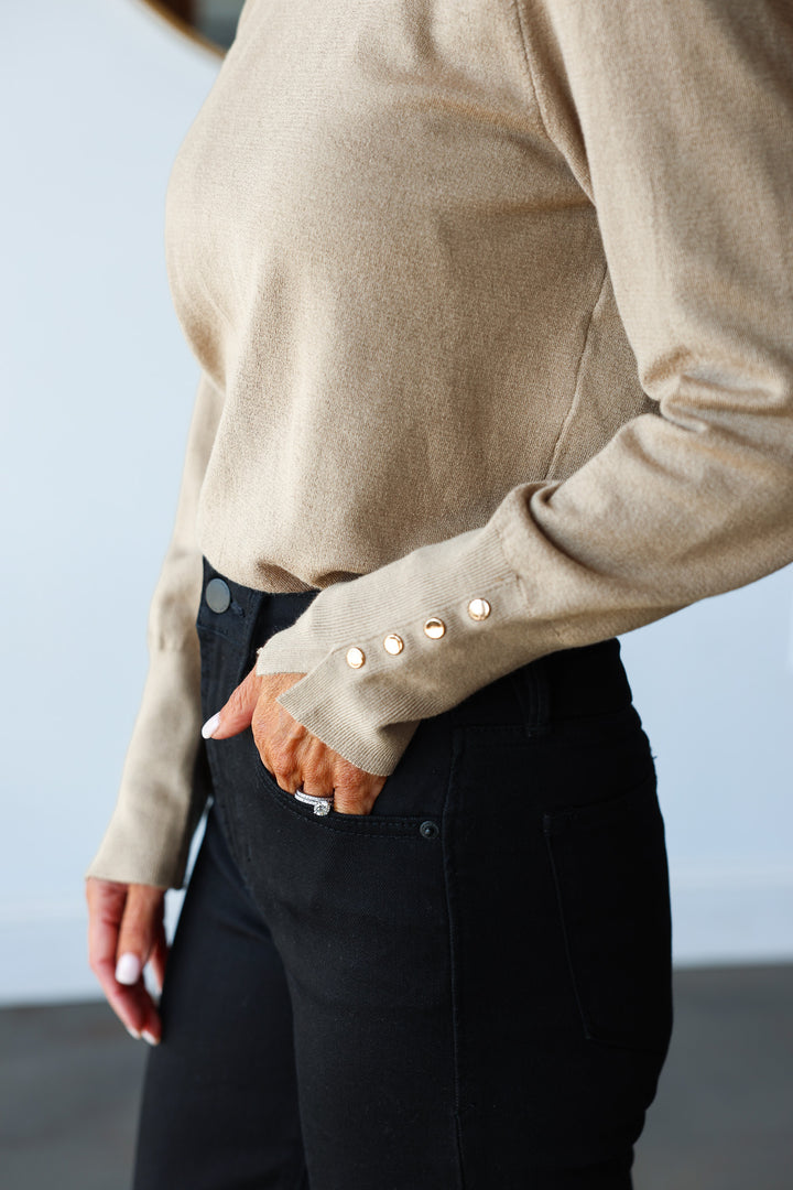 Studded Cuff Knit Top - Camel