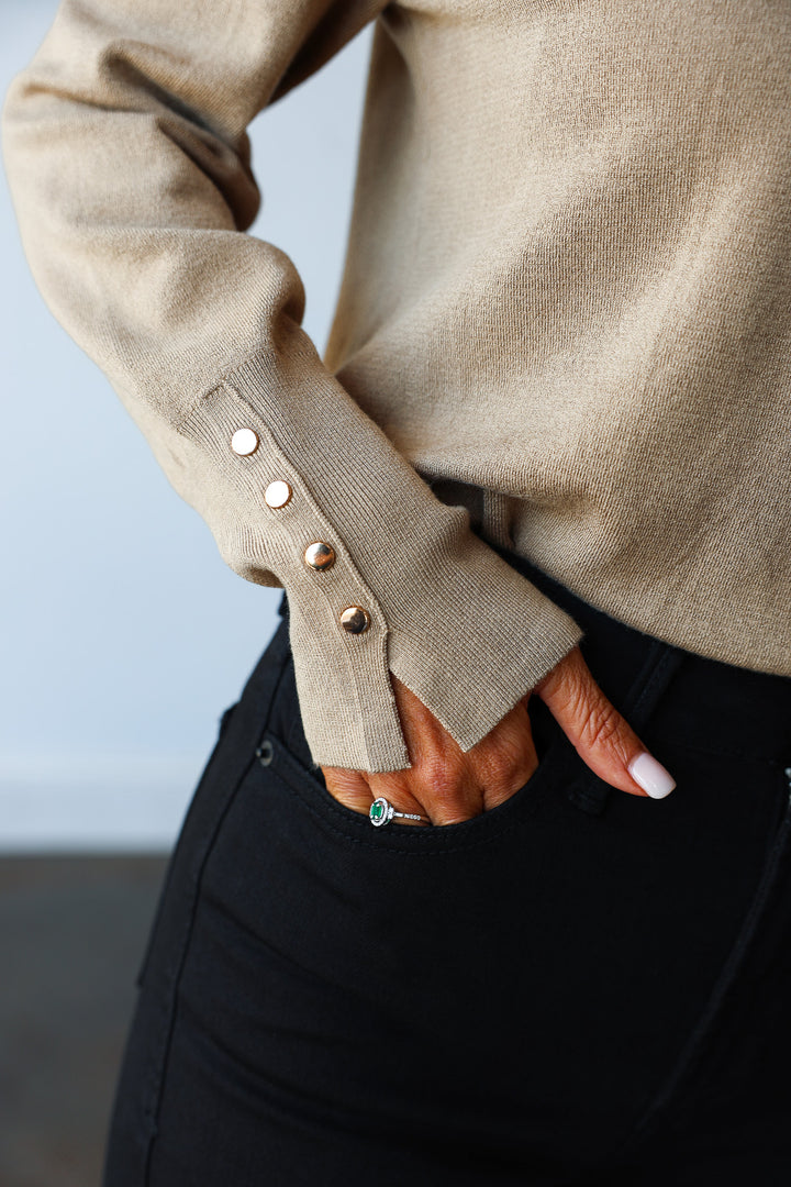 Studded Cuff Knit Top - Camel
