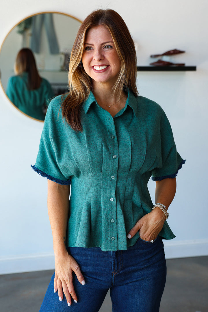 Pleated Waist Button Down Top - Green