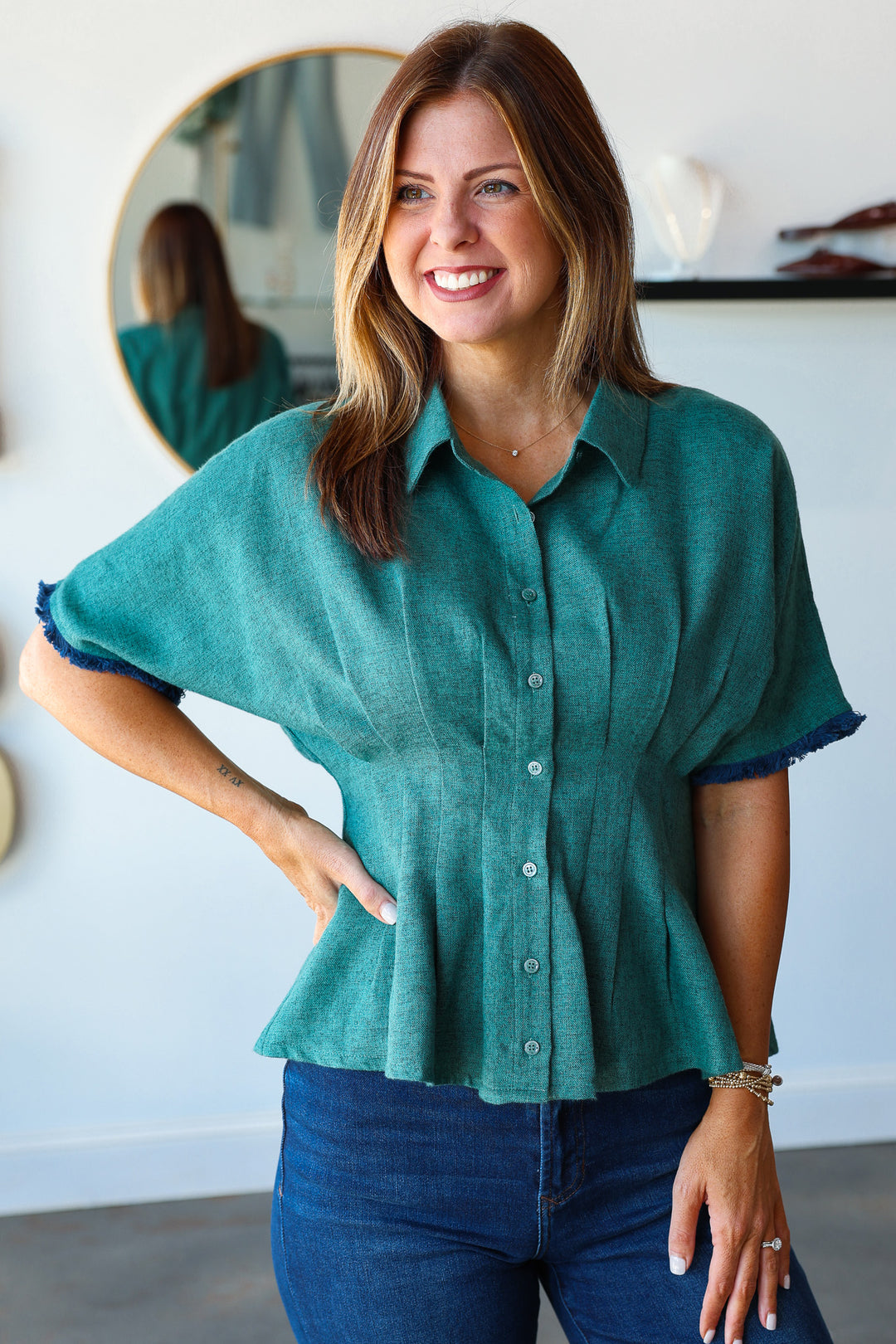 Pleated Waist Button Down Top - Green