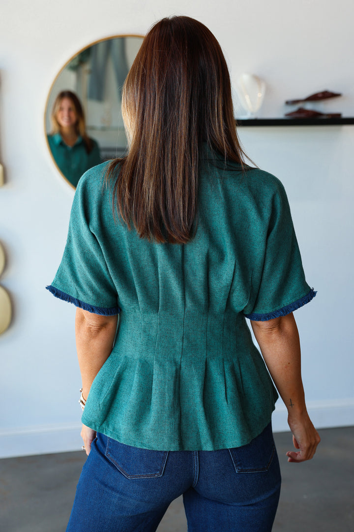 Pleated Waist Button Down Top - Green