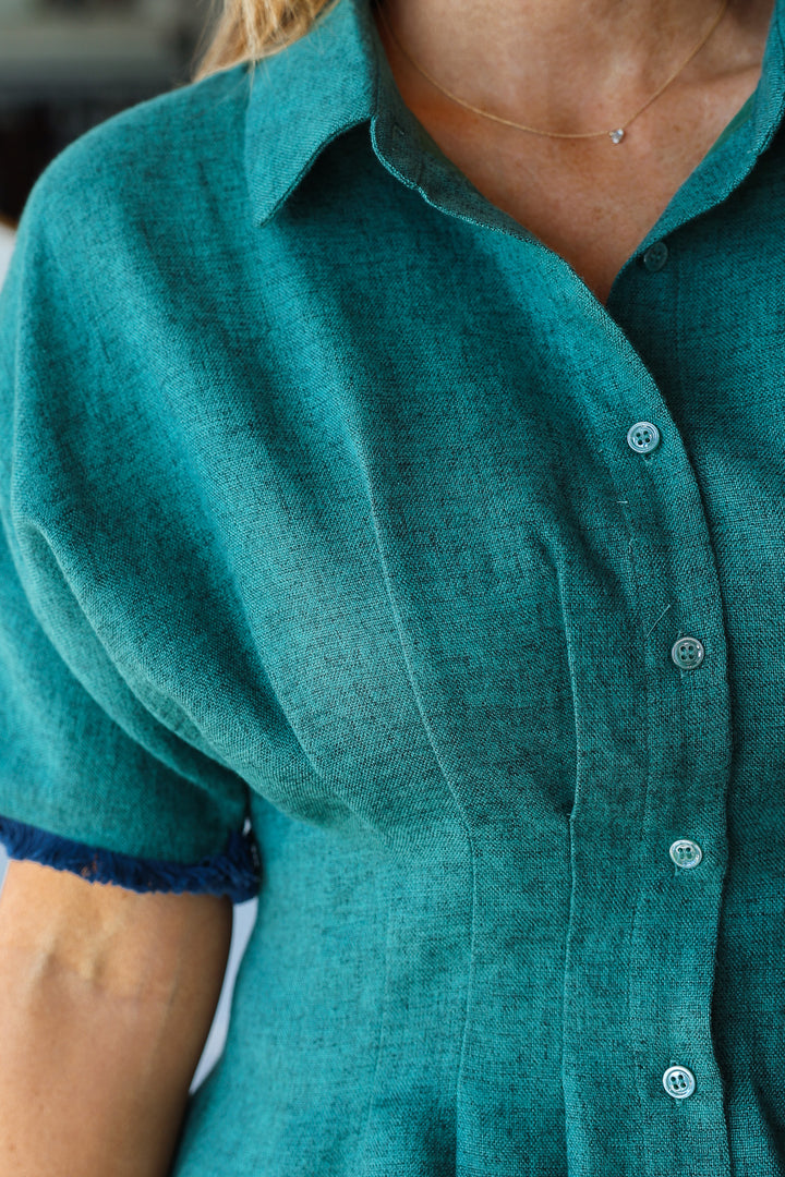 Pleated Waist Button Down Top - Green
