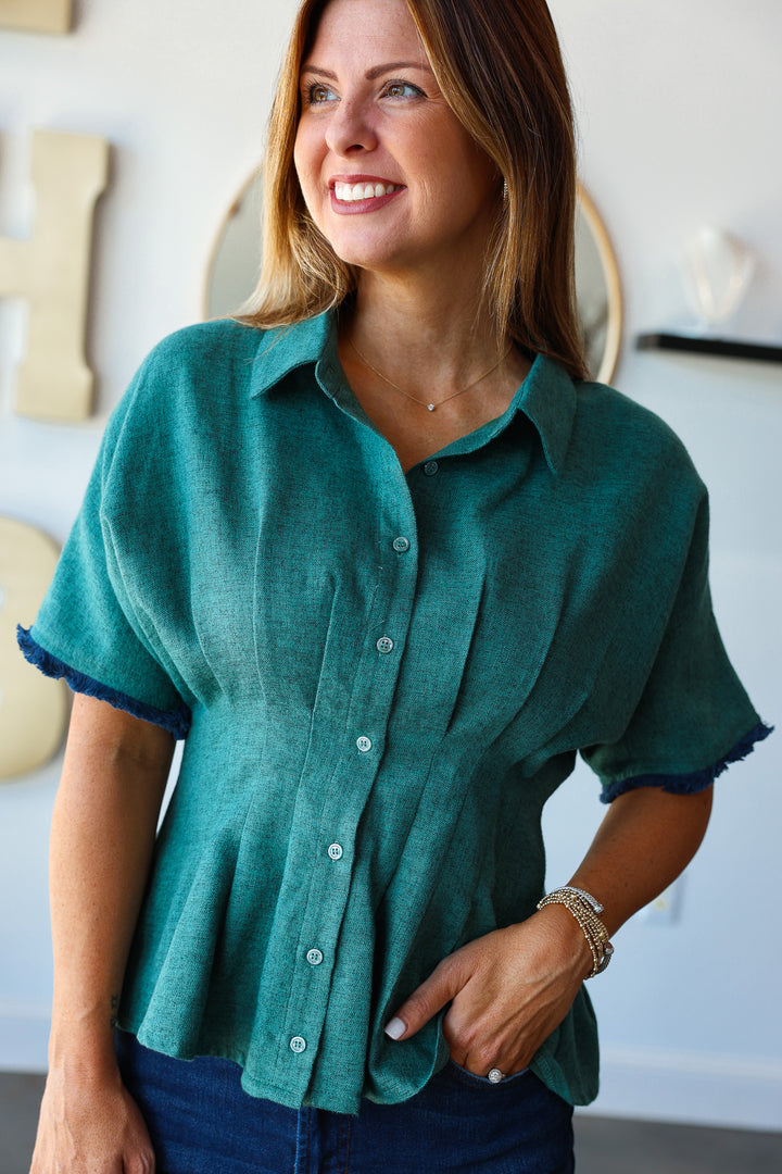 Pleated Waist Button Down Top - Green