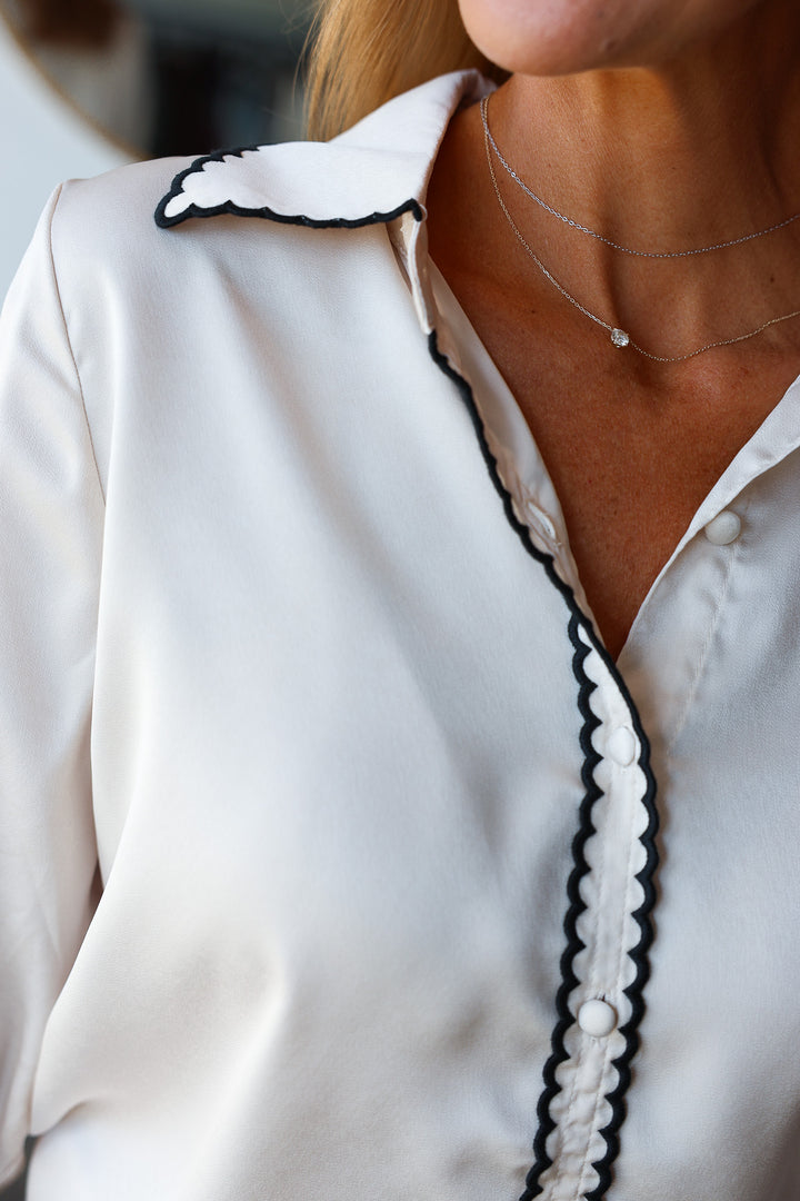 Scalloped Trim Button Down - Champagne