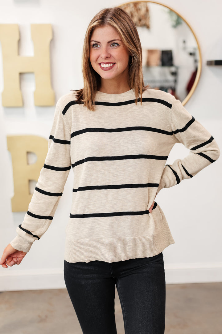 Lightweight Striped Sweater - Taupe/Black