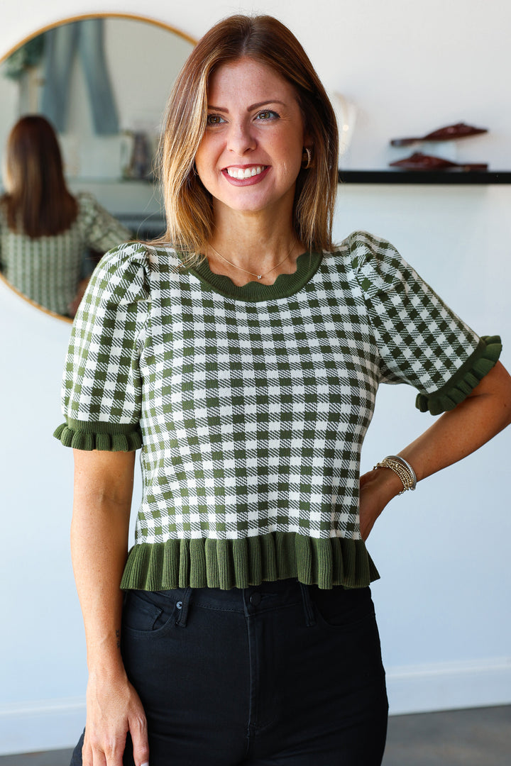 Gingham Knit Top - Olive