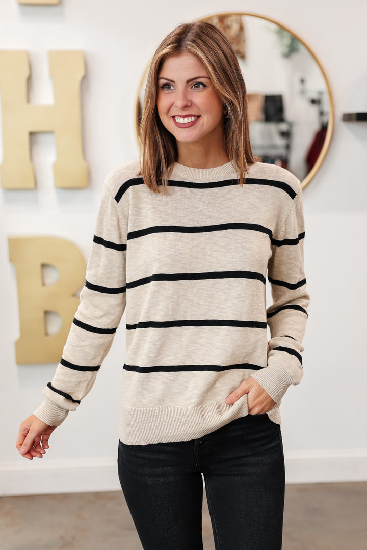 Lightweight Striped Sweater - Taupe/Black