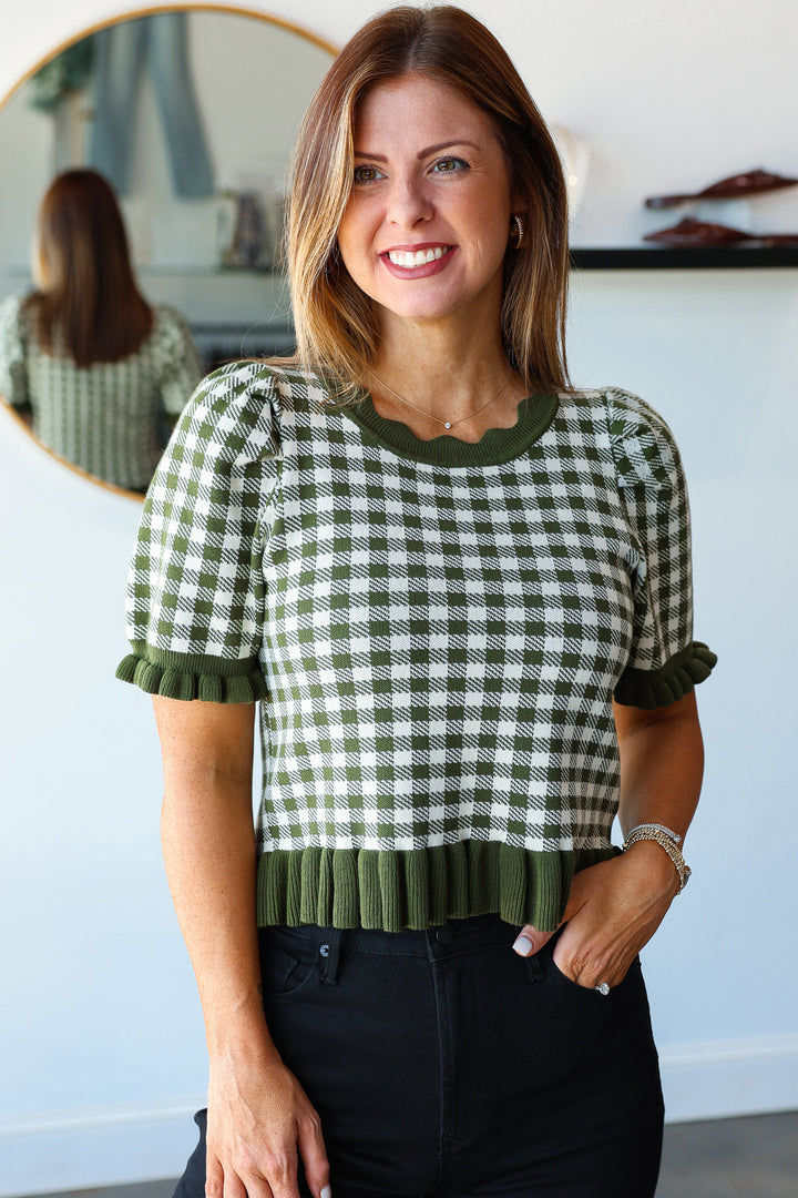 Gingham Knit Top - Olive