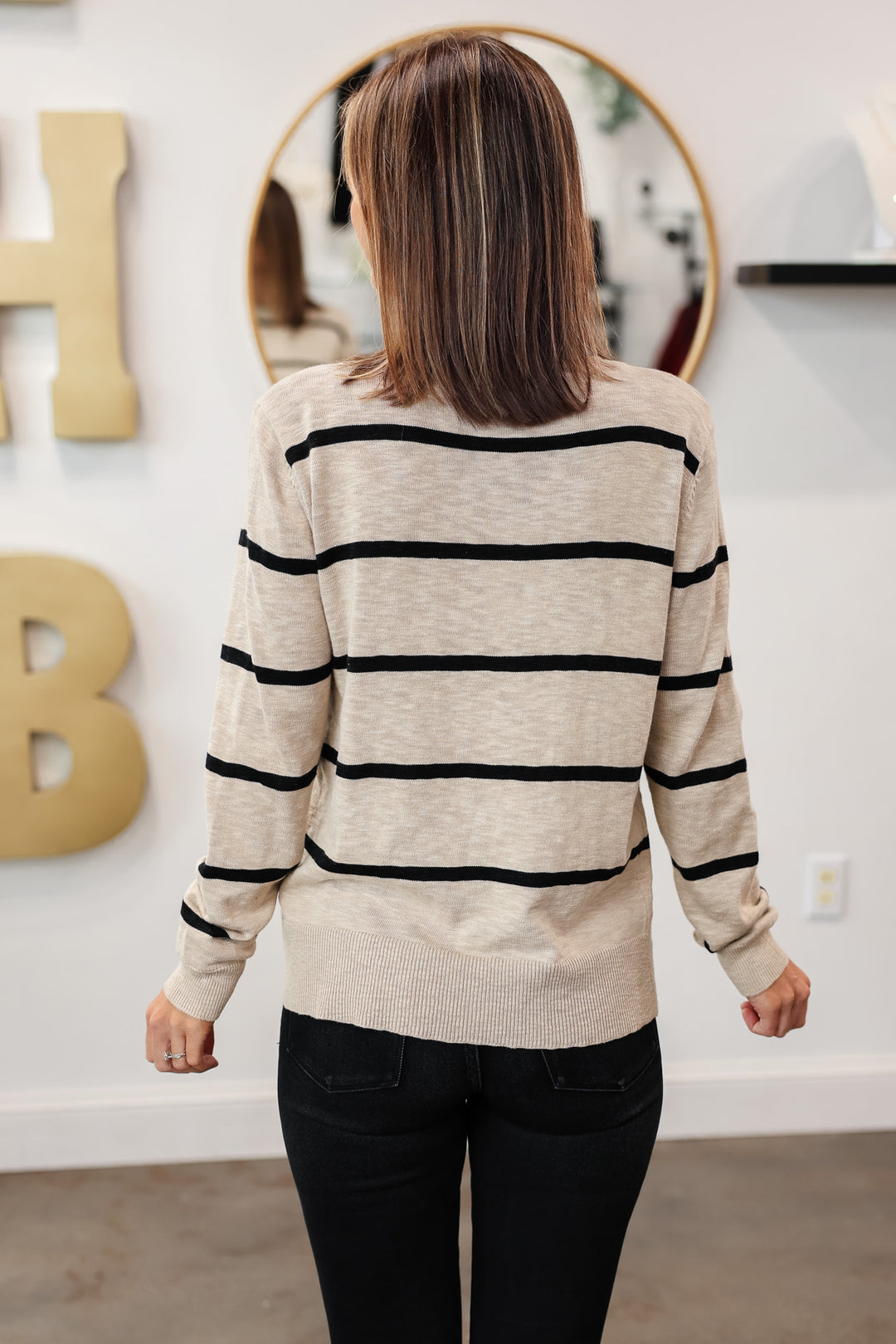 Lightweight Striped Sweater - Taupe/Black