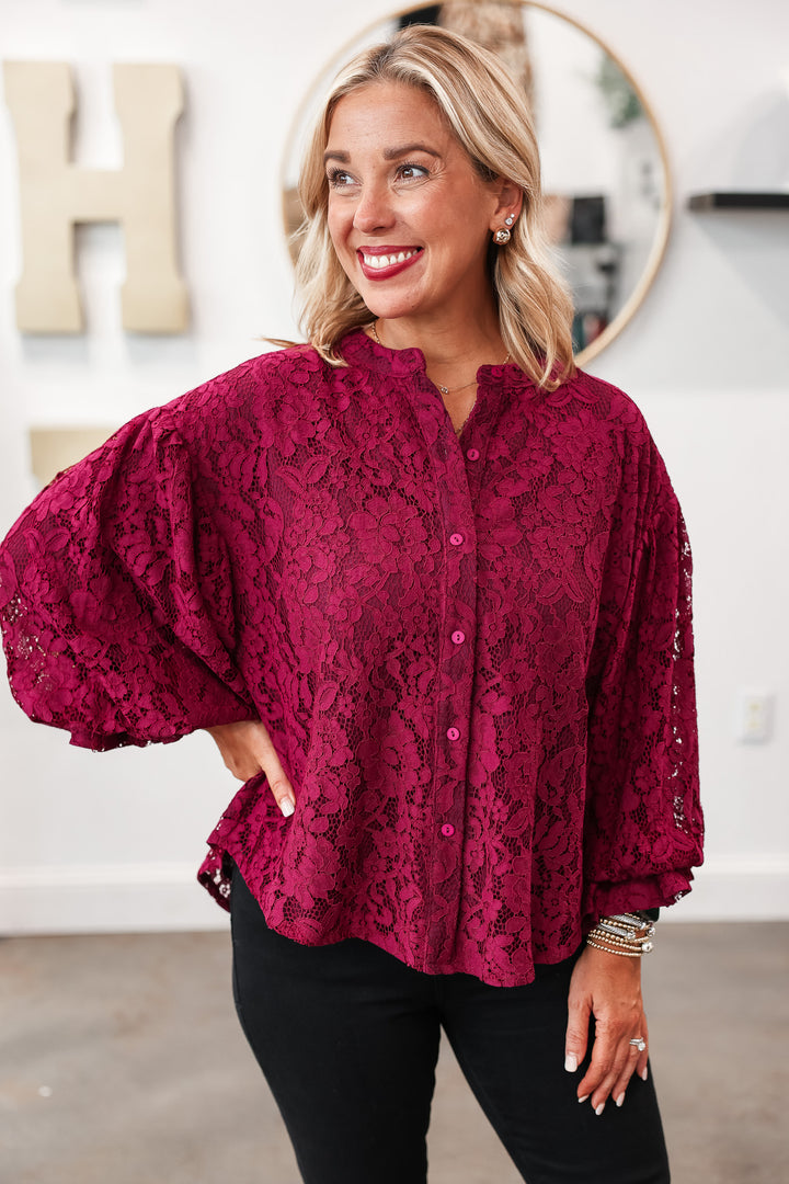 Lace Bubble Sleeve Blouse - Wine