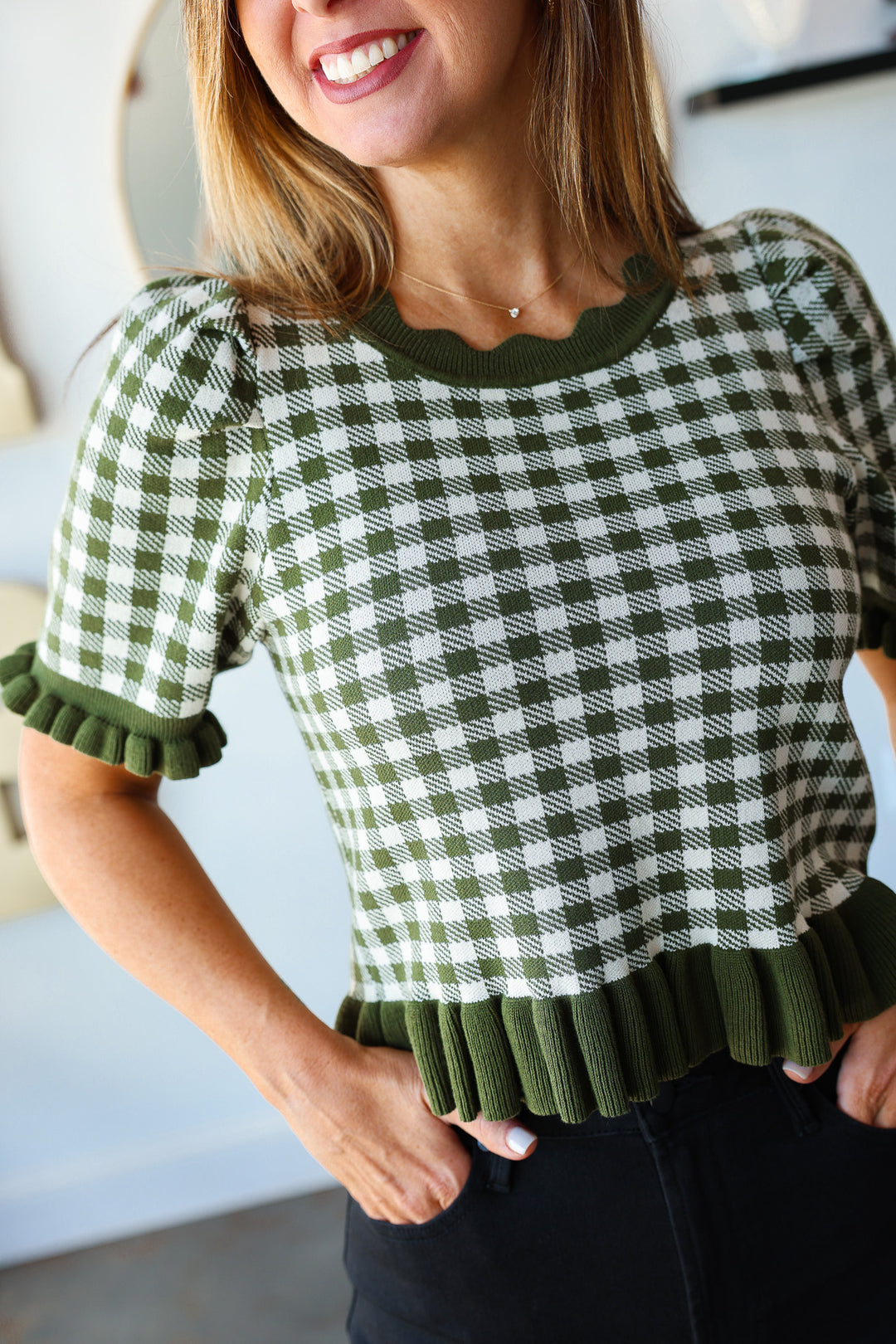 Gingham Knit Top - Olive
