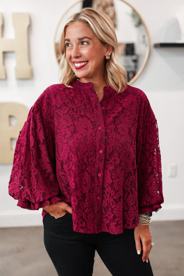 Lace Bubble Sleeve Blouse - Wine