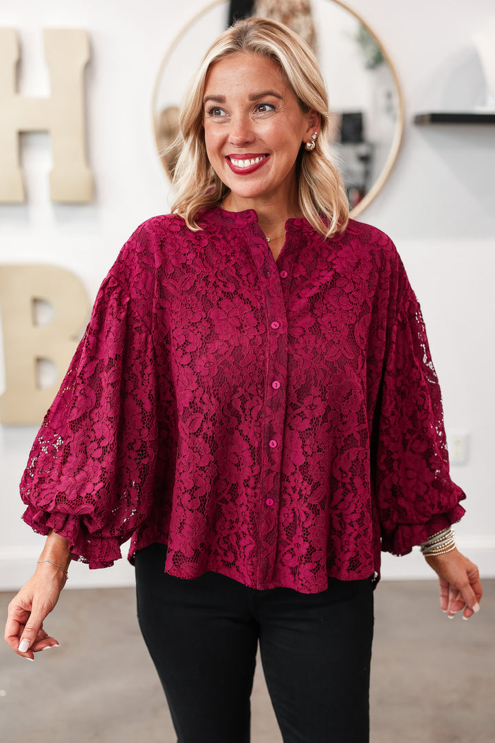 Lace Bubble Sleeve Blouse - Wine