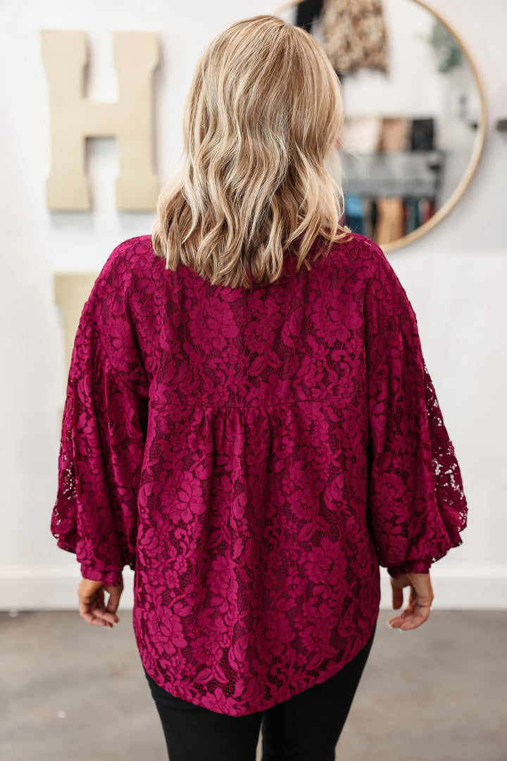 Lace Bubble Sleeve Blouse - Wine