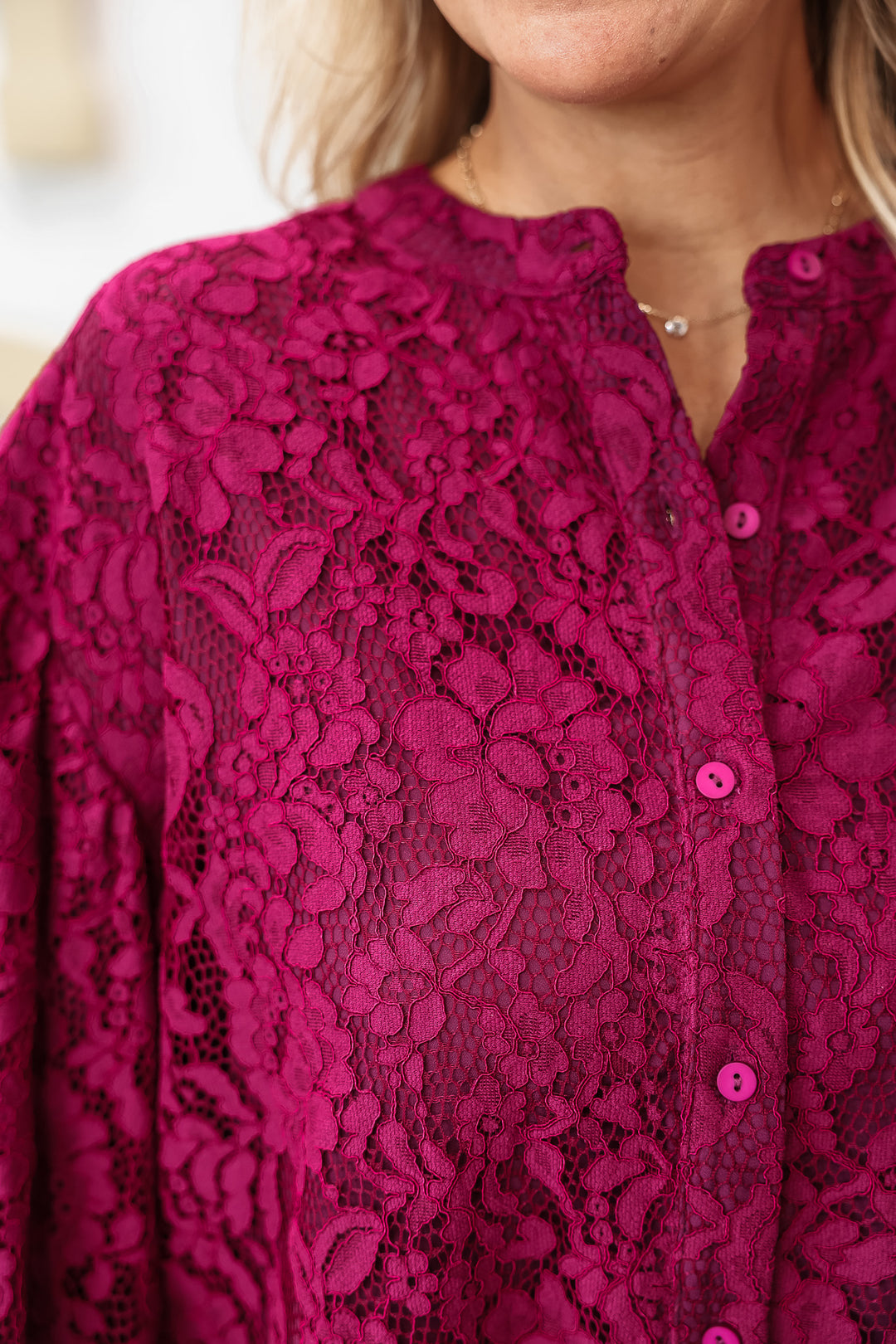 Lace Bubble Sleeve Blouse - Wine