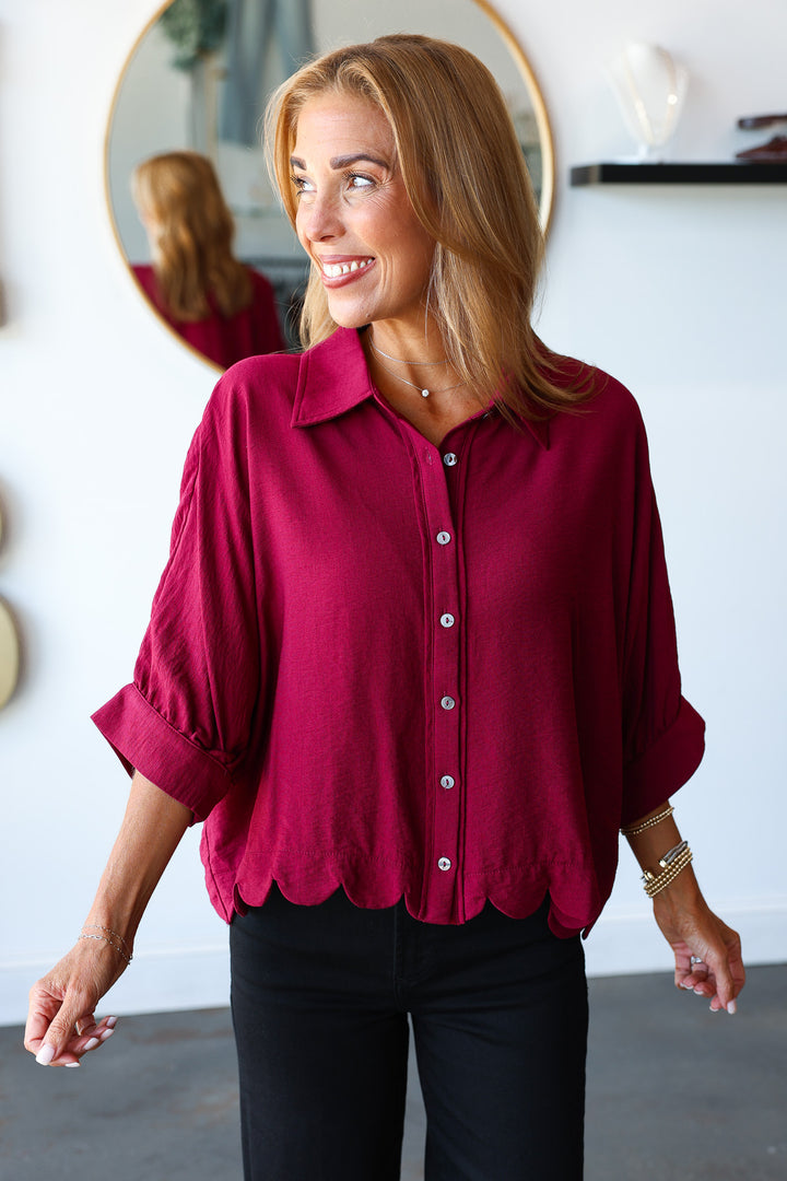 Scalloped Hem Top - Burgundy