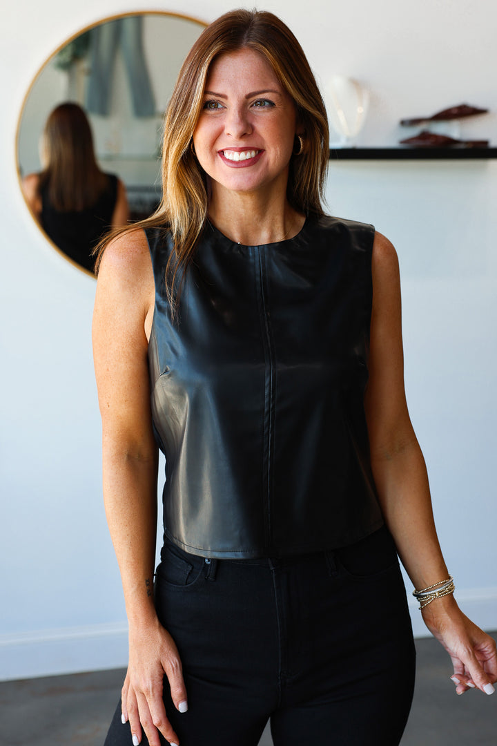 Leather Sleeveless Top - Black