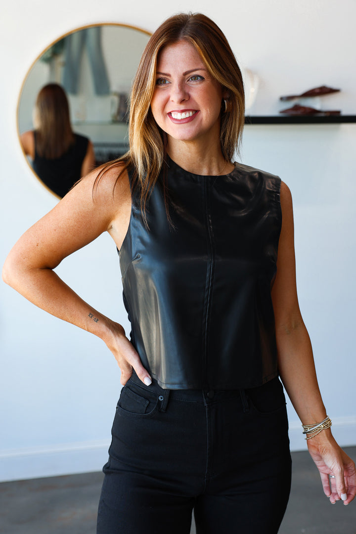 Leather Sleeveless Top - Black