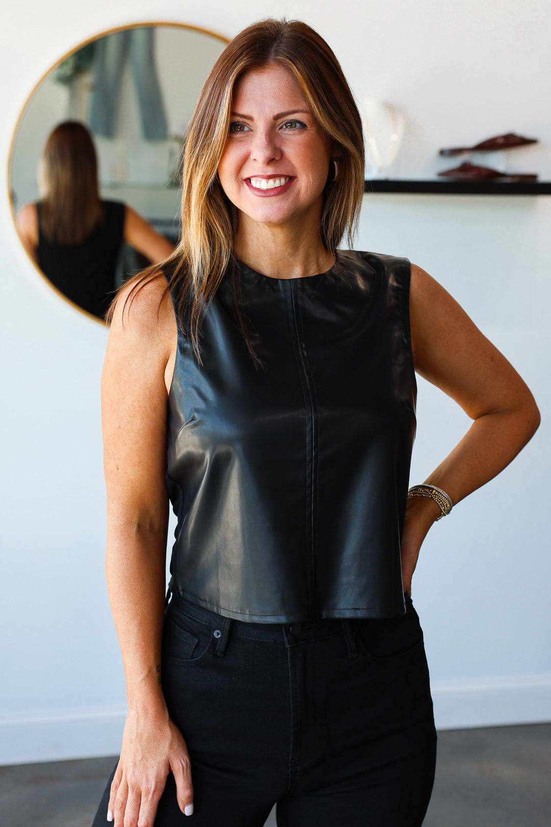 Leather Sleeveless Top - Black