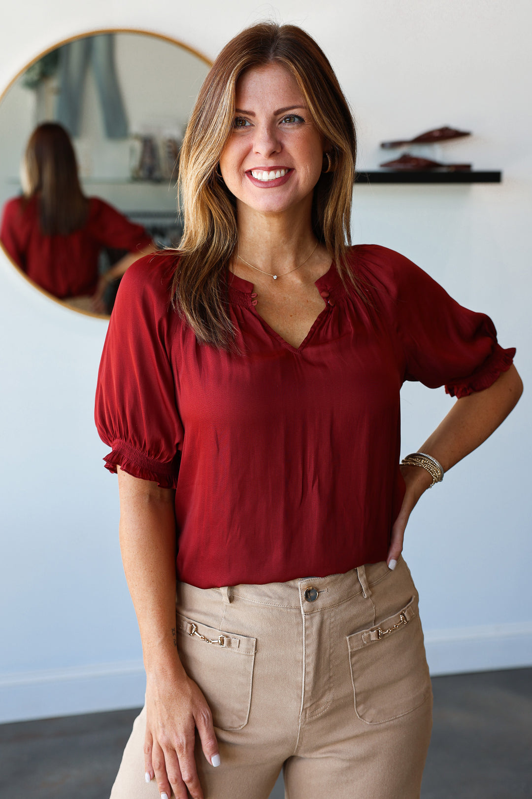 Half Sleeve Satin Blouse - Brick