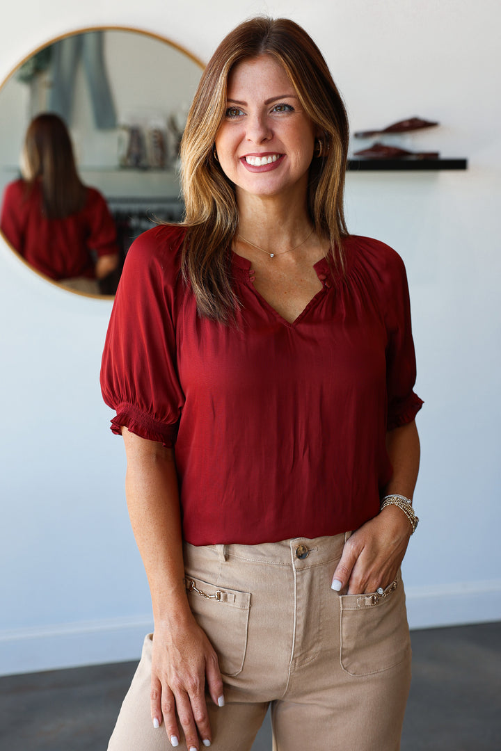 Half Sleeve Satin Blouse - Brick