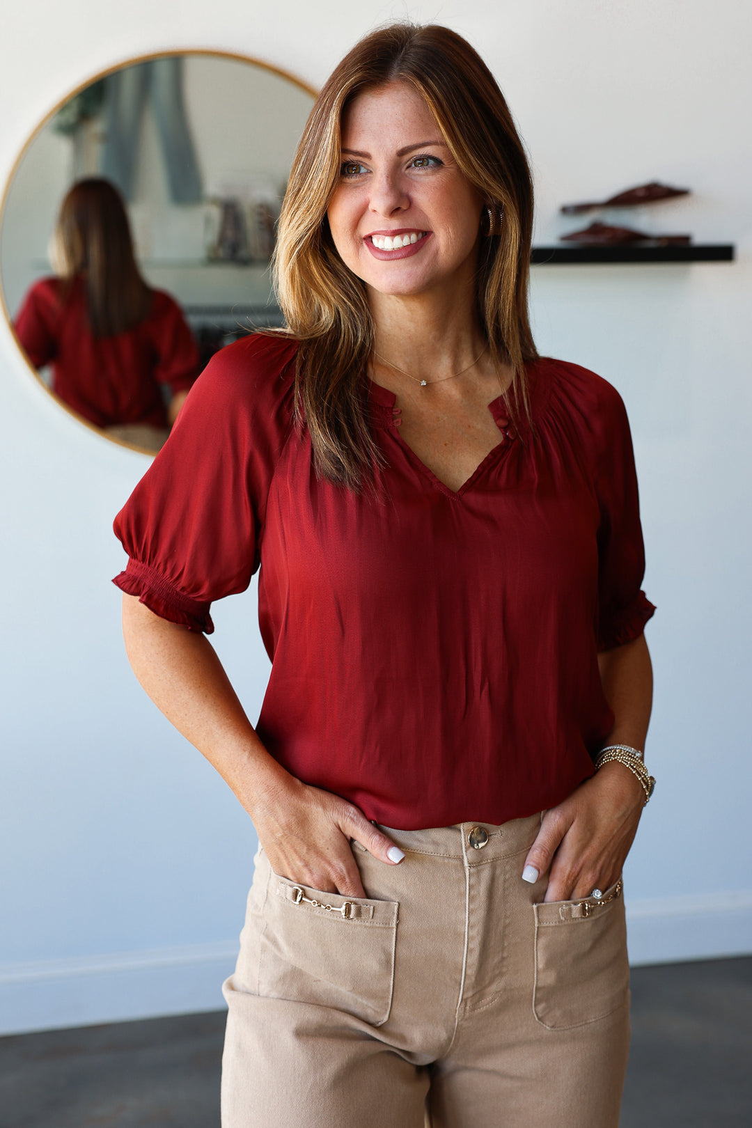 Half Sleeve Satin Blouse - Brick