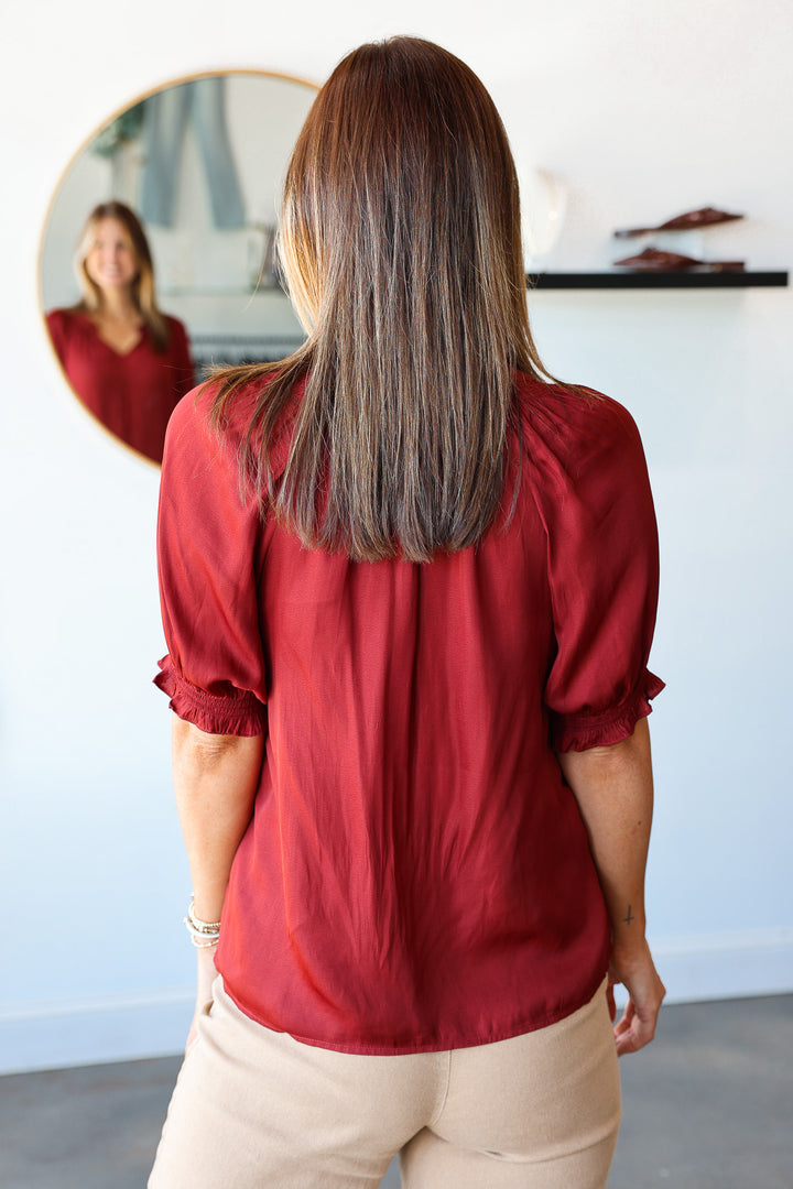 Half Sleeve Satin Blouse - Brick