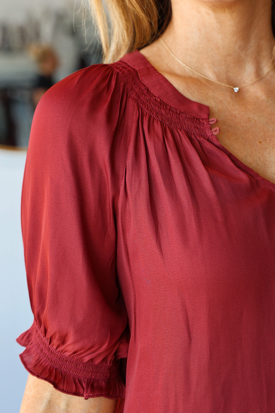 Half Sleeve Satin Blouse - Brick