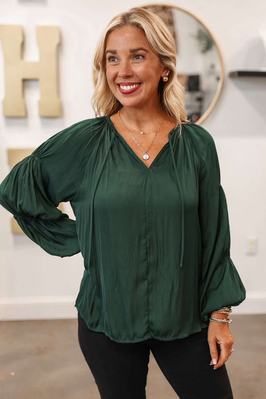 Long Sleeve Satin Blouse - Deep Emerald