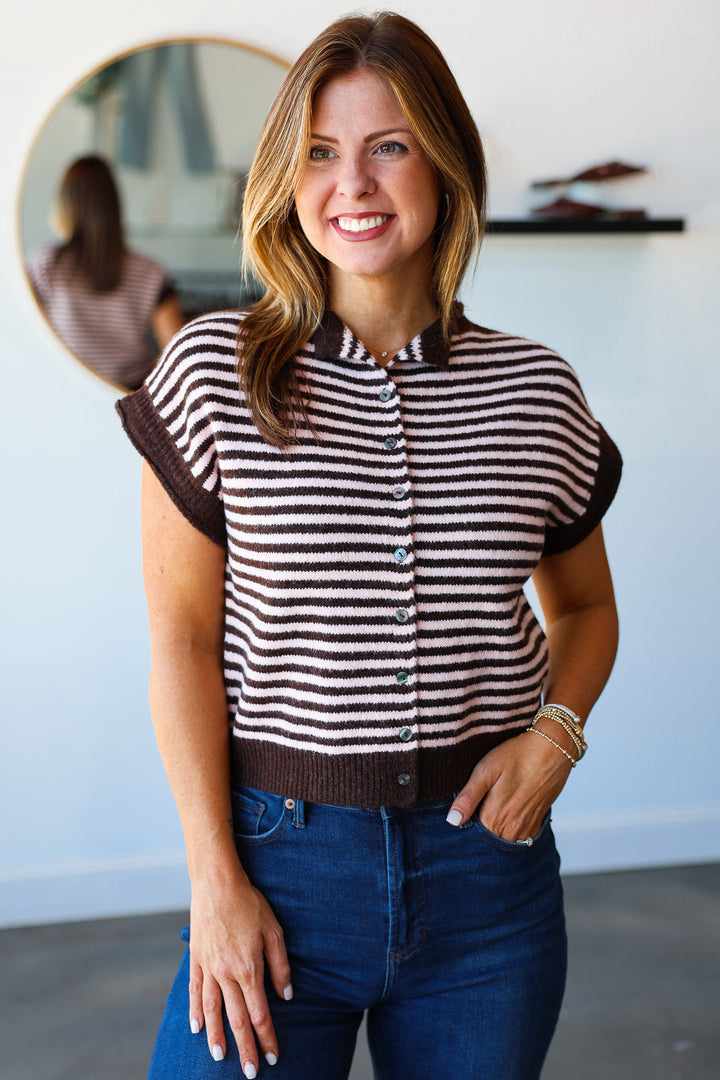 Button Front Striped Sweater - Brown/Pink