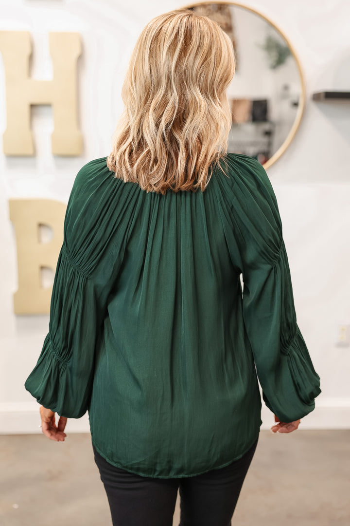 Long Sleeve Satin Blouse - Deep Emerald