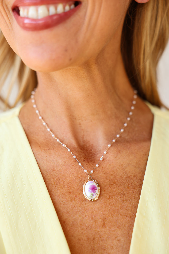 Pearl + Pendant Necklace - Pink