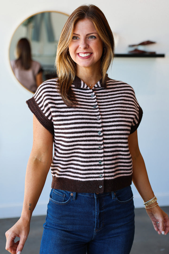 Button Front Striped Sweater - Brown/Pink