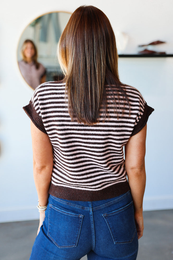 Button Front Striped Sweater - Brown/Pink
