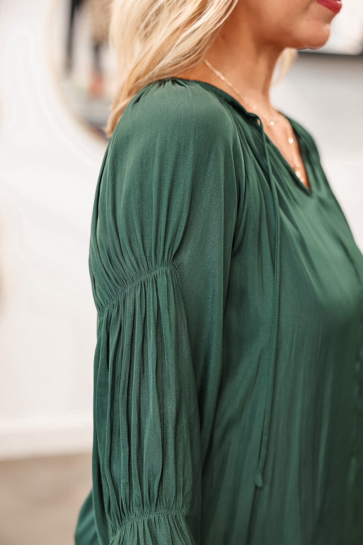 Long Sleeve Satin Blouse - Deep Emerald