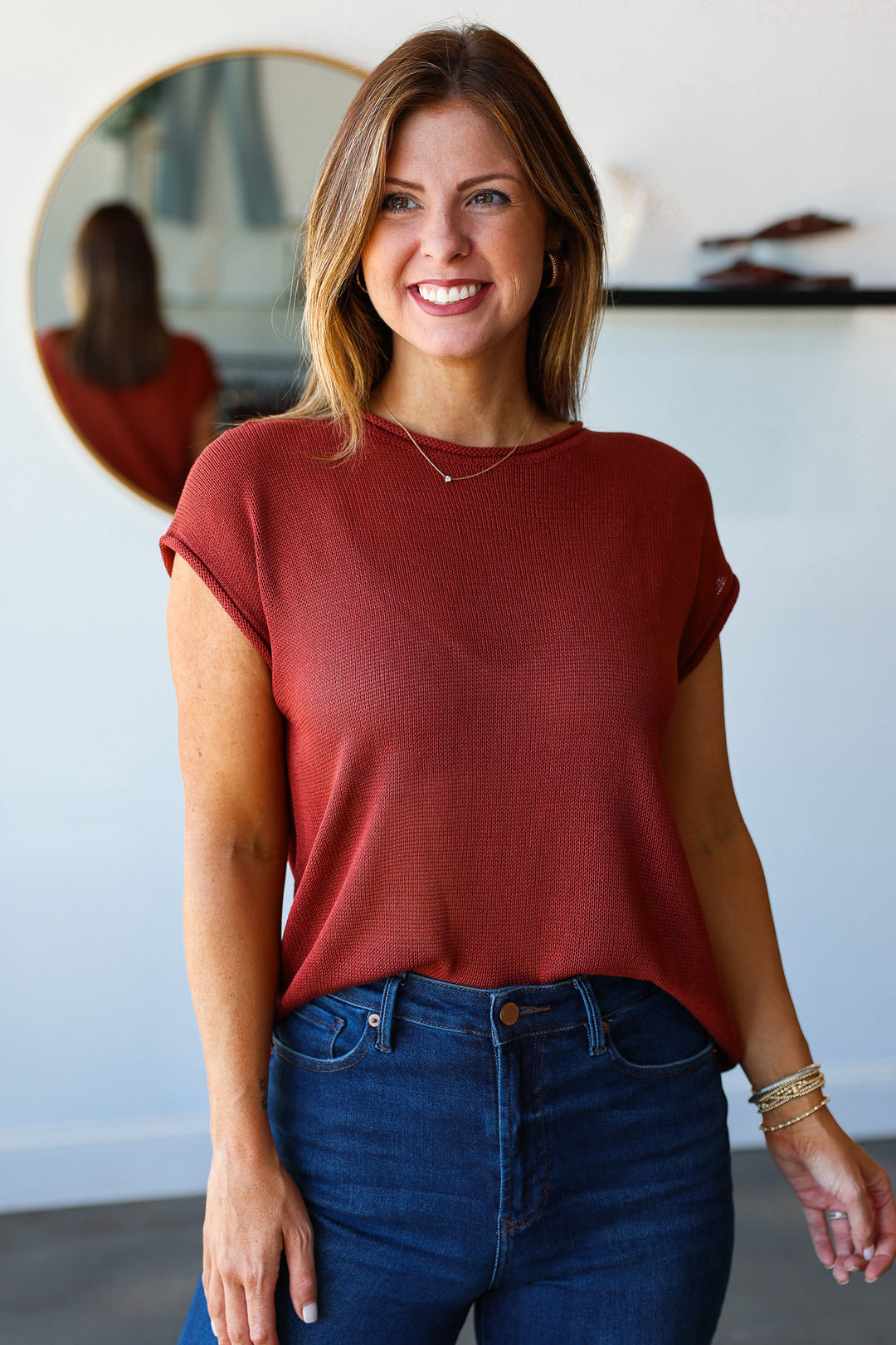 Cap Sleeve Knit Top - Rust