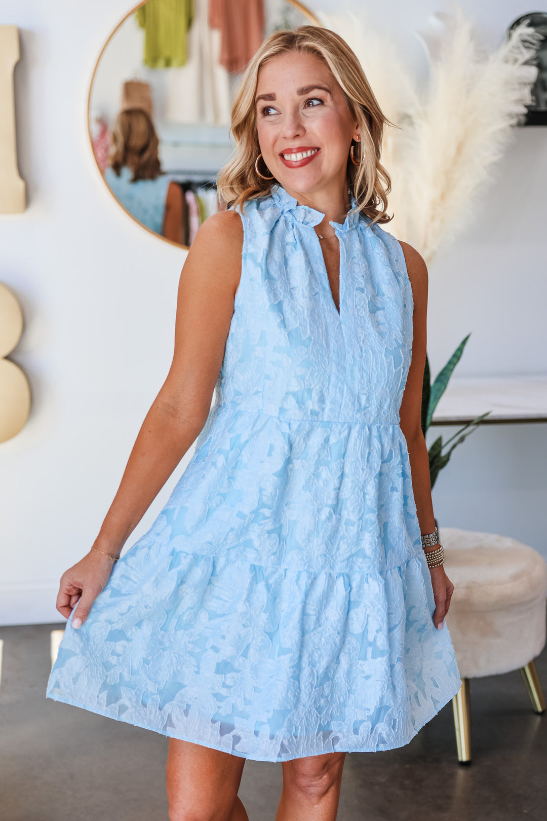 Textured Tiered Dress - Light Blue
