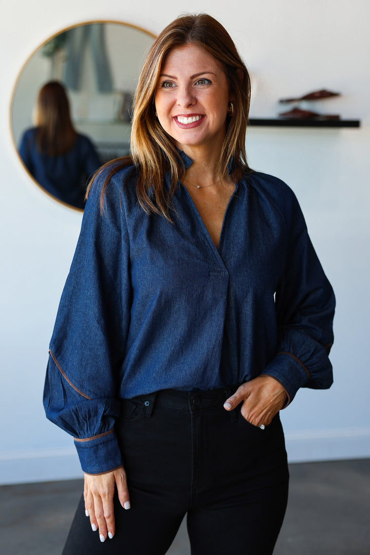 Suede Trim Denim Top