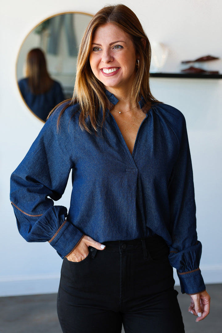 Suede Trim Denim Top