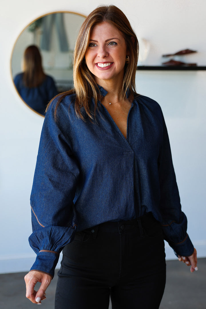 Suede Trim Denim Top