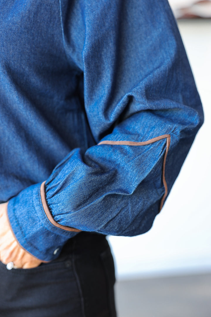 Suede Trim Denim Top