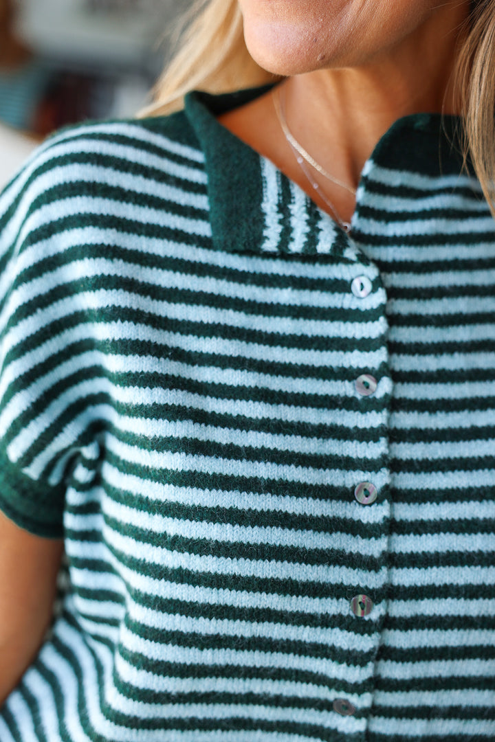Button Front Striped Sweater - Green